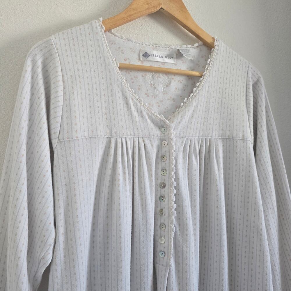 Eileen West White Striped Long Sleeve Night Gown-S Babydoll Lace Trim Cottage - Picture 4 of 8